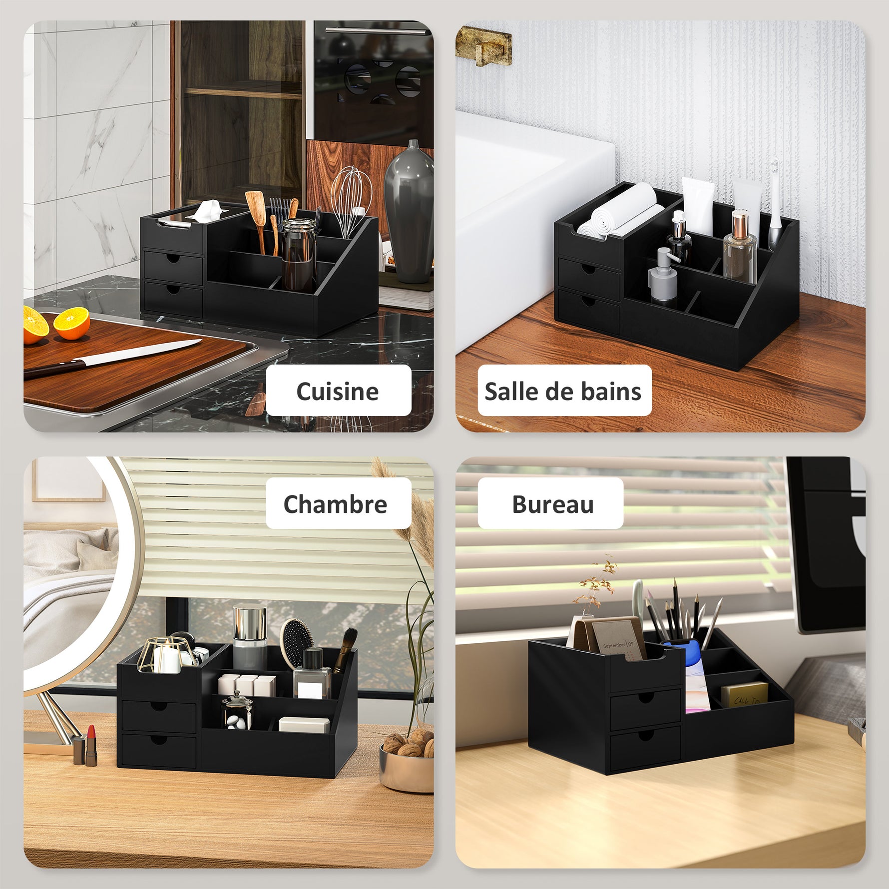 Boite de Rangement de Bureau - Organiseur de Bureau - 7 Compartiments, 2 tiroirs - Bambou Verni Noir