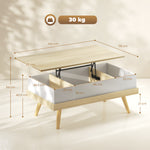 Table Basse Relevable avec 3 Compartiments Cachés, Table de Salon Moderne, Pieds en Bois, 100x79x54cm, Naturel Blanc