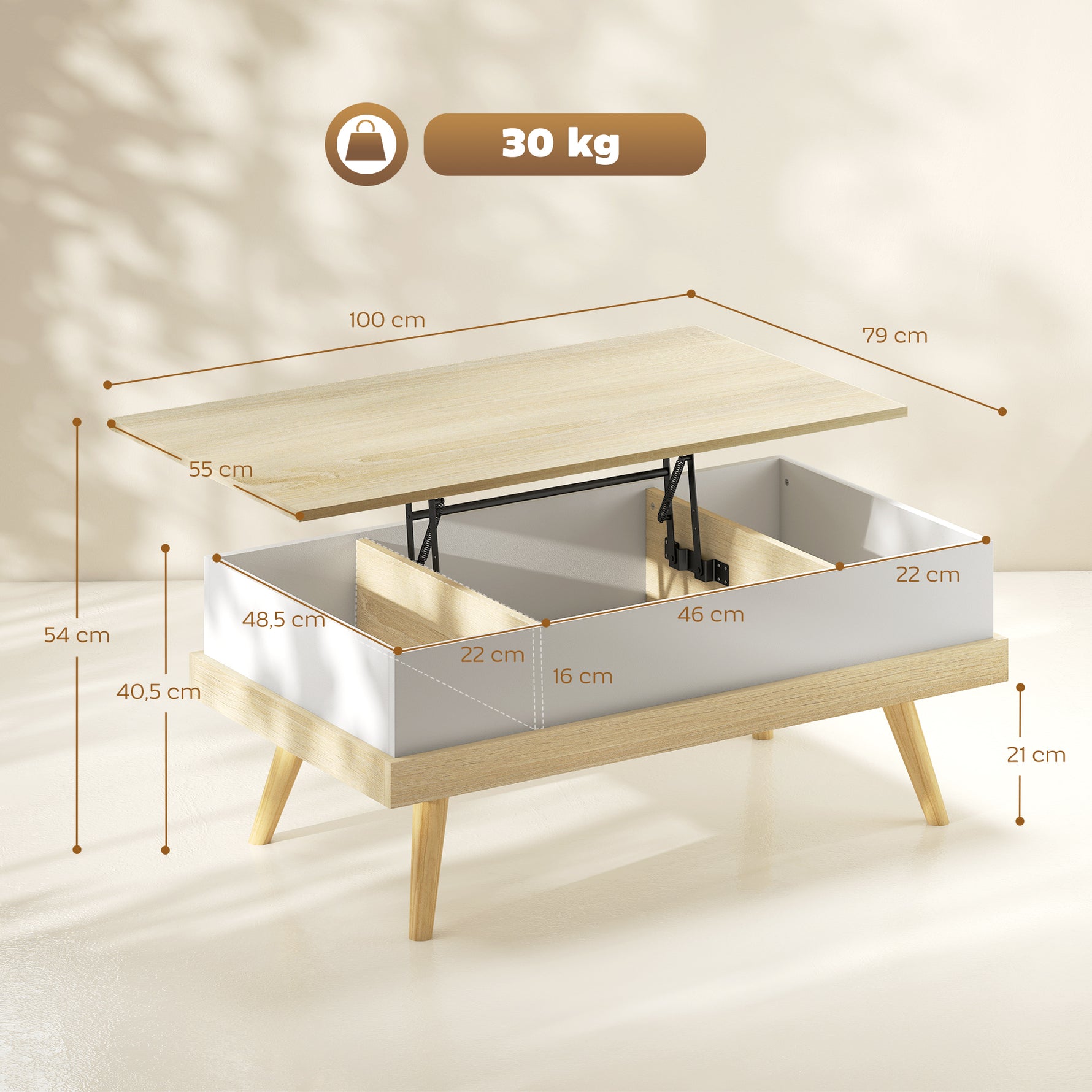 Table Basse Relevable avec 3 Compartiments Cachés, Table de Salon Moderne, Pieds en Bois, 100x79x54cm, Naturel Blanc