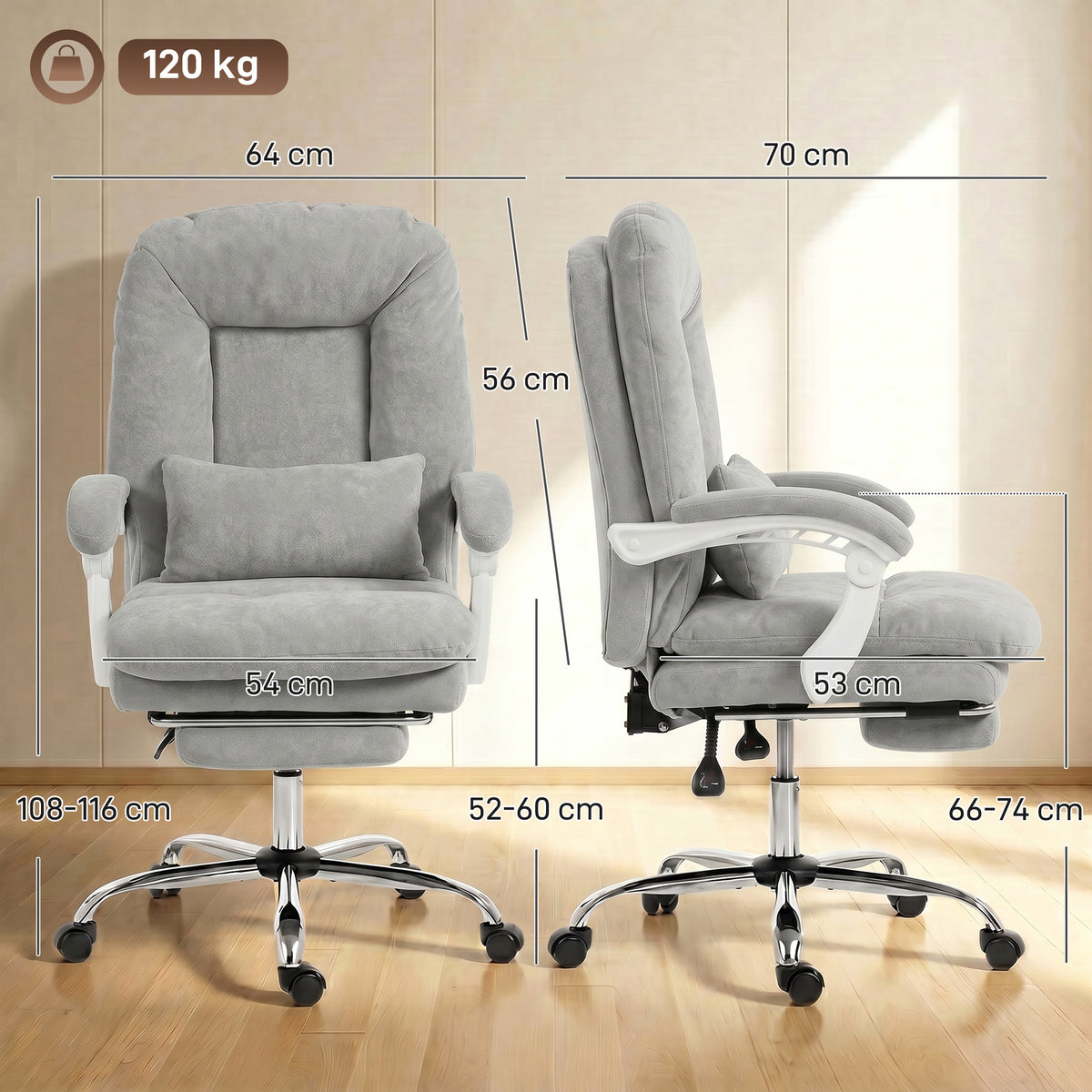 Chaise bureau ergonomique, fauteuil de bureau inclinable en velours avec support lombaire, hauteur réglable, gris clair