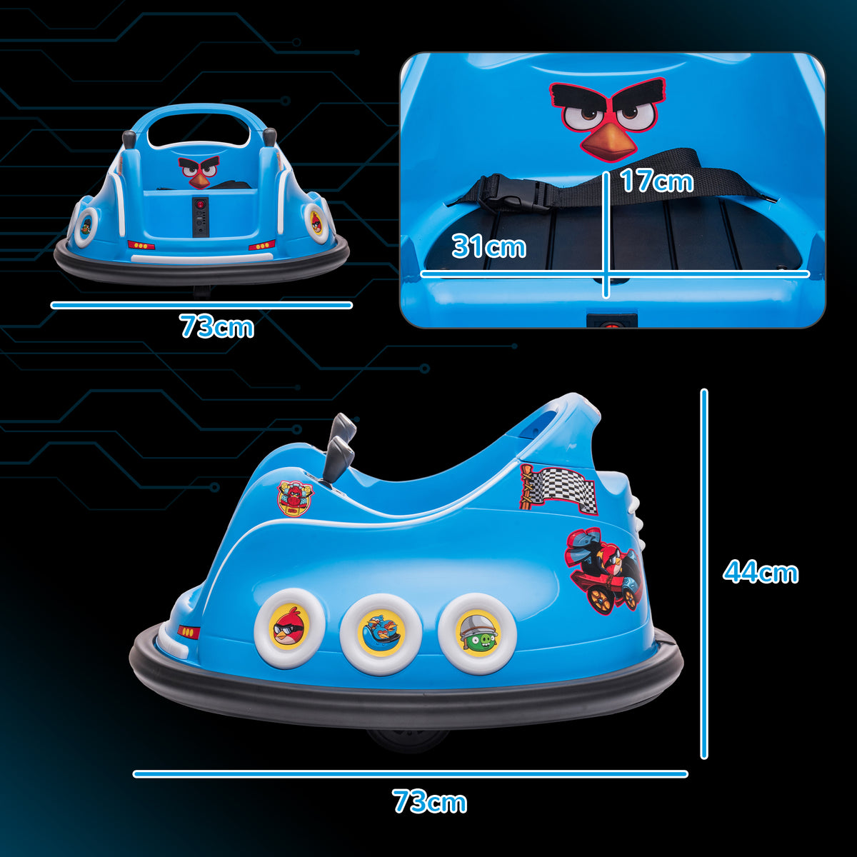 Voiture auto-tamponneuse électrique enfant 12V sous licence Angry Bird, voiture tournante 360°, 73 x 73 x 44 cm, bleu