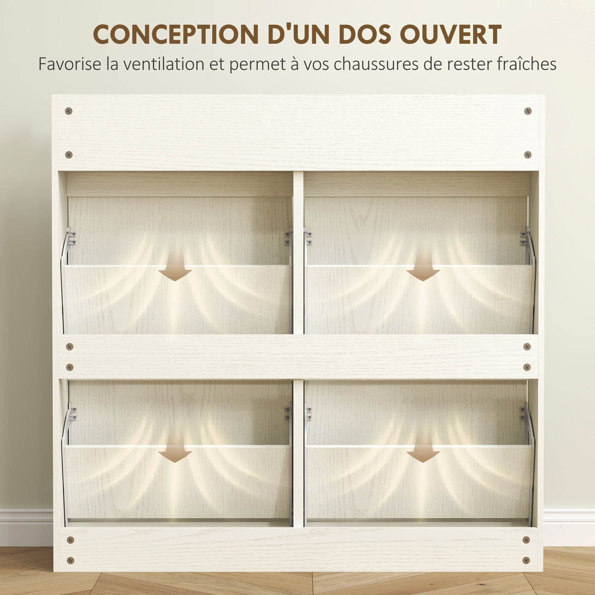 Meuble à chaussures 8 paires avec 2 tiroirs coulissants et 4 tiroirs rabattables, 98 x 19,2 x 95,3 cm, blanc