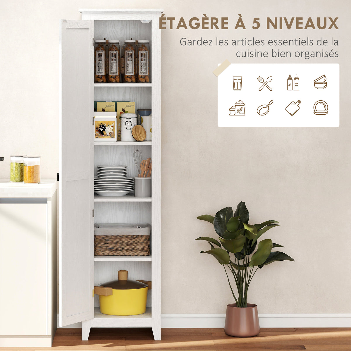 Armoire de Rangement buffet cuisine avec 2 étagères réglables- Hauteur 170 cm en Bois Blanc
