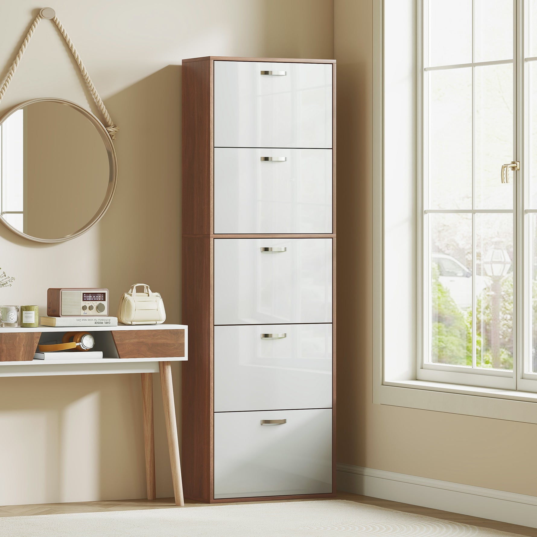 Armoire à Chaussures Meuble à Chaussures 5 Portes abattantes Bicolore Blanc Marron foncé Imitation Bois