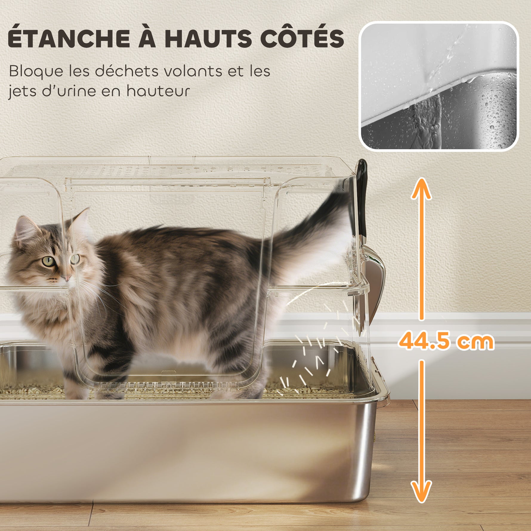 Bac à Litière XL en Acier Inoxydable pour Grand Chat, Couvercle Pivotant 100°, Pelle, 60,2x40,2x44,5cm, Gris Clair