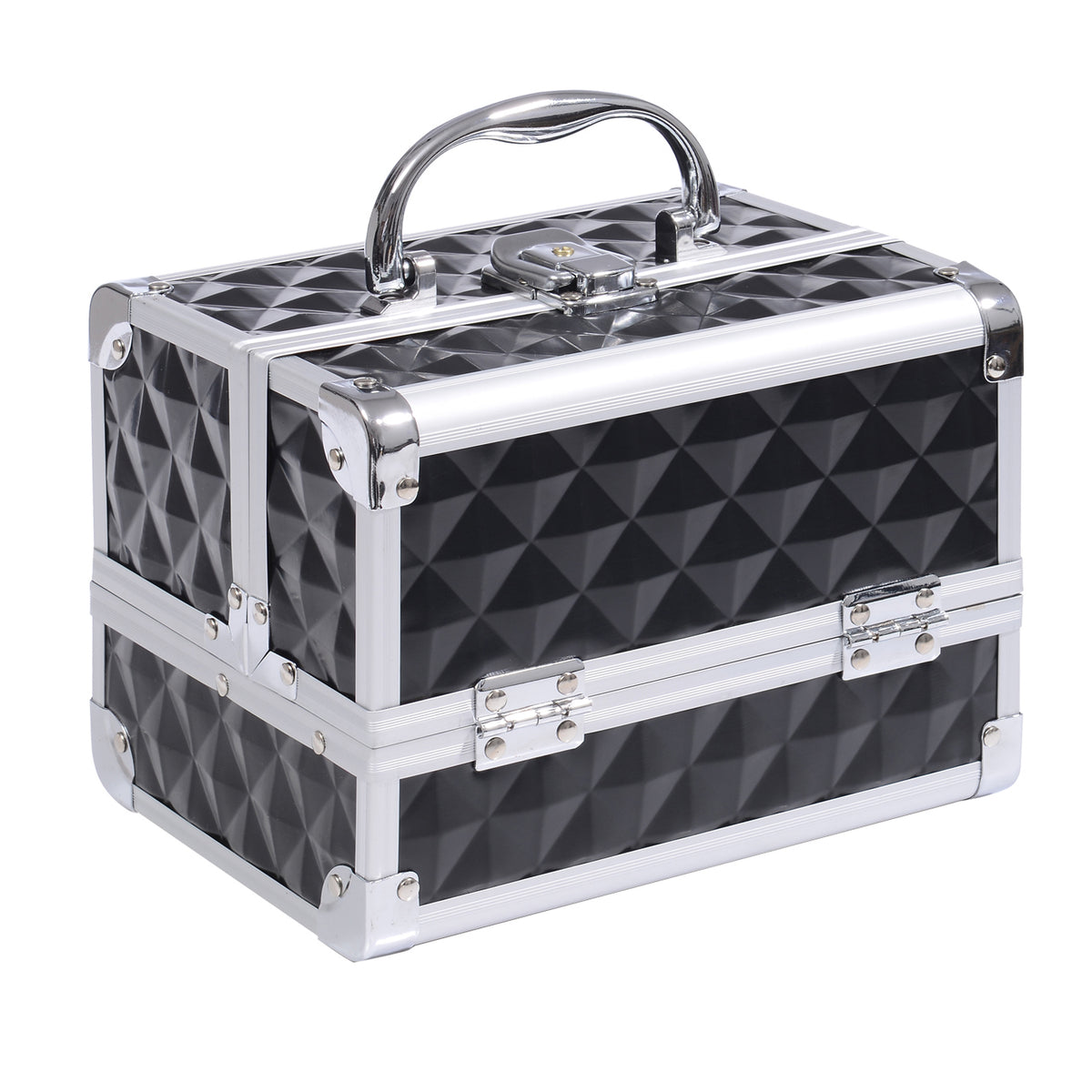 Maletín de maquillaje con organizador de 3 niveles, espejo y cierre con 2 llaves, dimensiones 20L x 15An x 15Al cm, negro