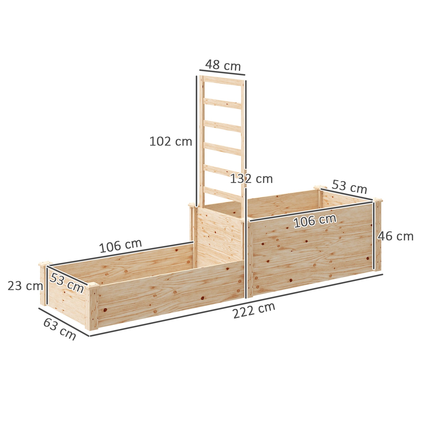 Jardinière avec treillis à 2 bacs avec fond ouvert, pour balcon terrasse patio, 222 x 63 x 132 cm, effet bois naturel