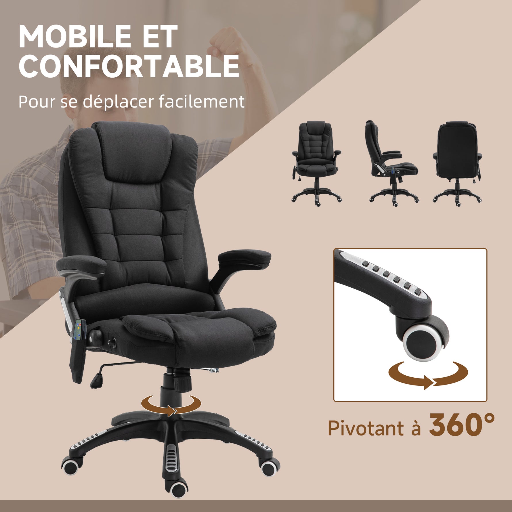 Fauteuil de bureau massant et chauffant, chaise de bureau, chaise ergonomique avec hauteur réglable, dossier