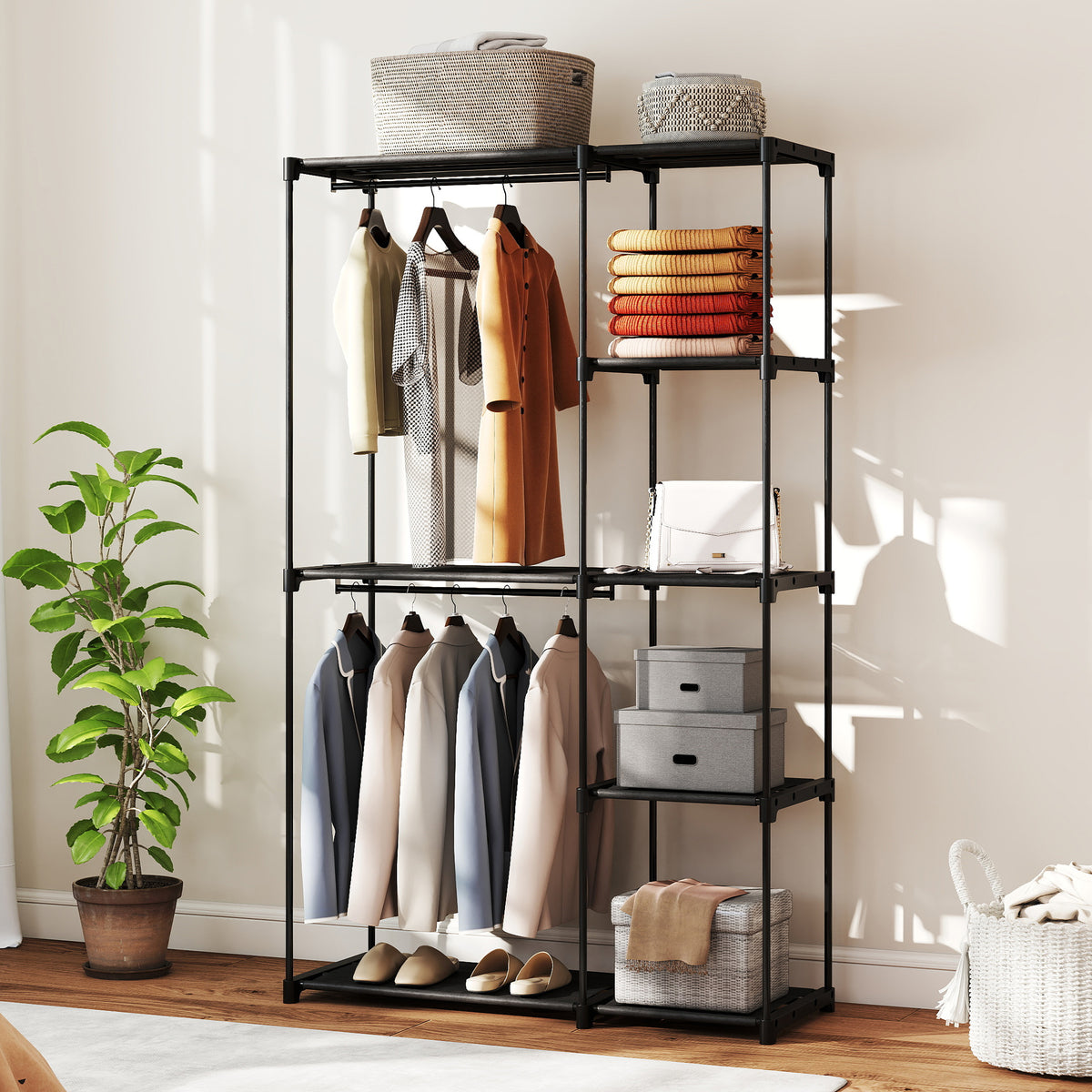 Armoire de rangement, penderie portable avec 2 barres de suspension et 6 étagères, 111 x 43 x 185 cm, noir