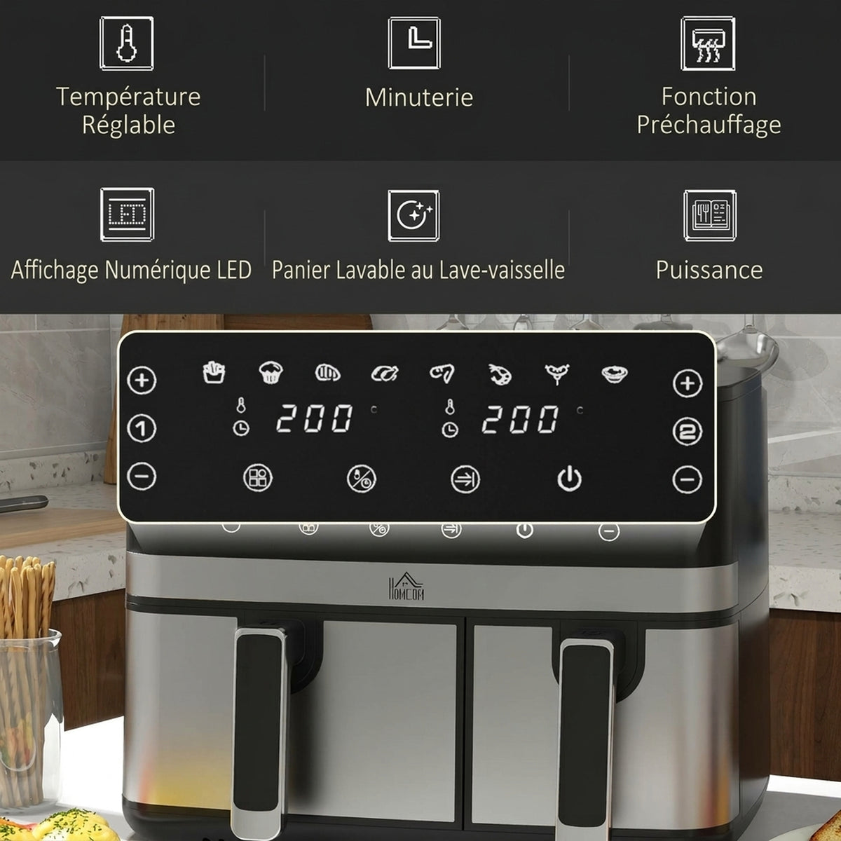 Olio gabeko aire-frijigailua, Air Fryer, konpartimentu bikoitza 8,5 L, 2700 W - 8 programa, tenperatura erregulagarria, tenporizadorea