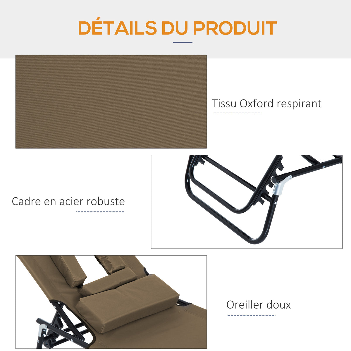 Transat de Jardin Chaise Longue Pliante Bain de Soleil avec Appuie-tête, Trou de lecture et Dossier Inclinable, Marron