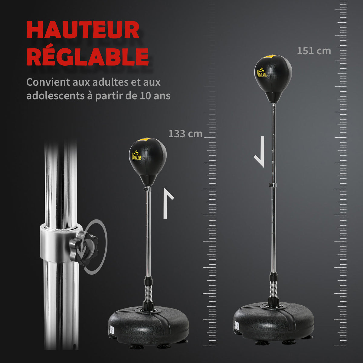 Punching ball sur pied réglable hauteur 133 -151 cm, sac de frappe sur pied 2 gants base lesté 45 x 45 x 133-151 cm noir