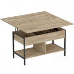Table basse relevable et extensible, table de salon avec compartiment caché étagères ouvertes, 98x49x55cm, bois naturel