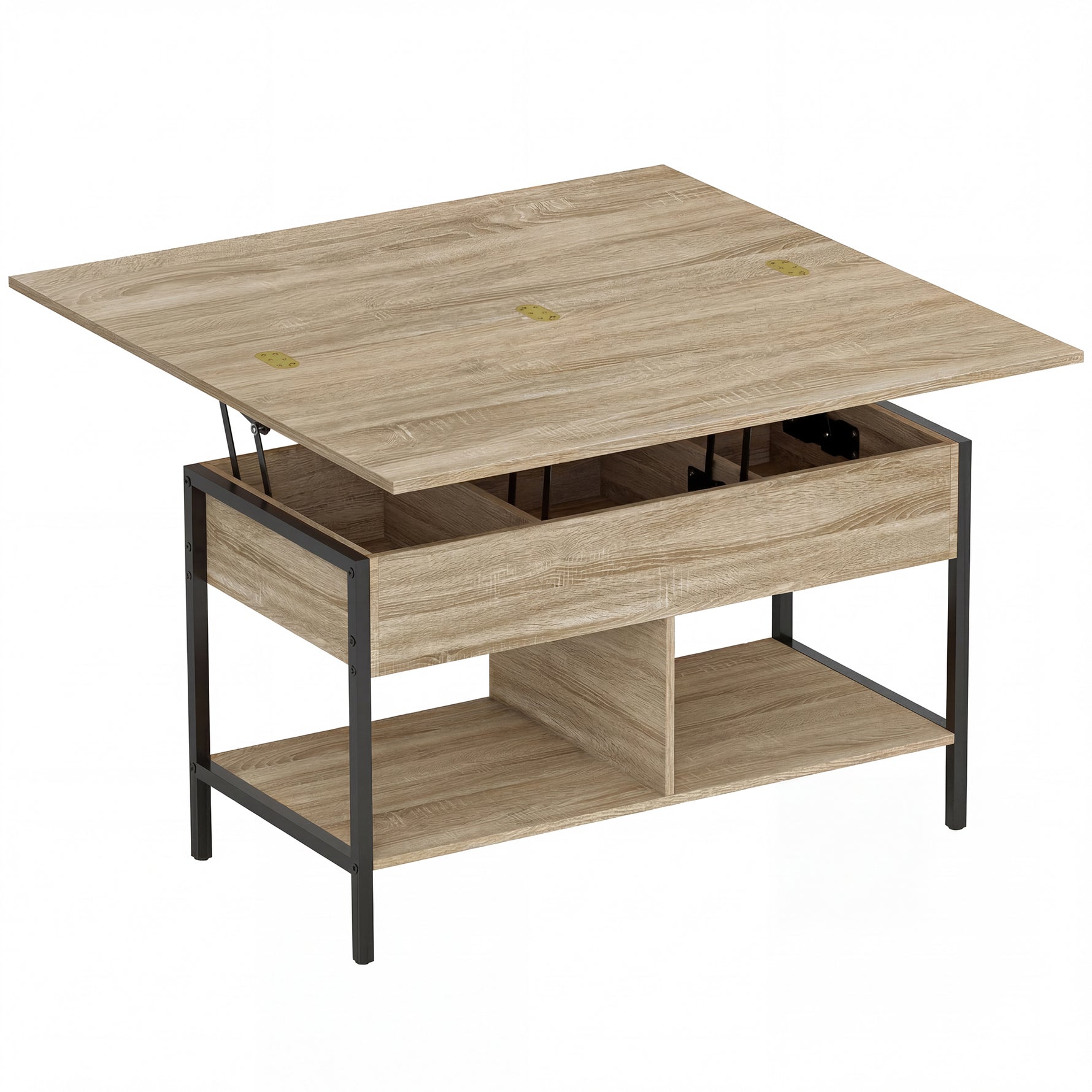 Table basse relevable et extensible, table de salon avec compartiment caché étagères ouvertes, 98x49x55cm, bois naturel