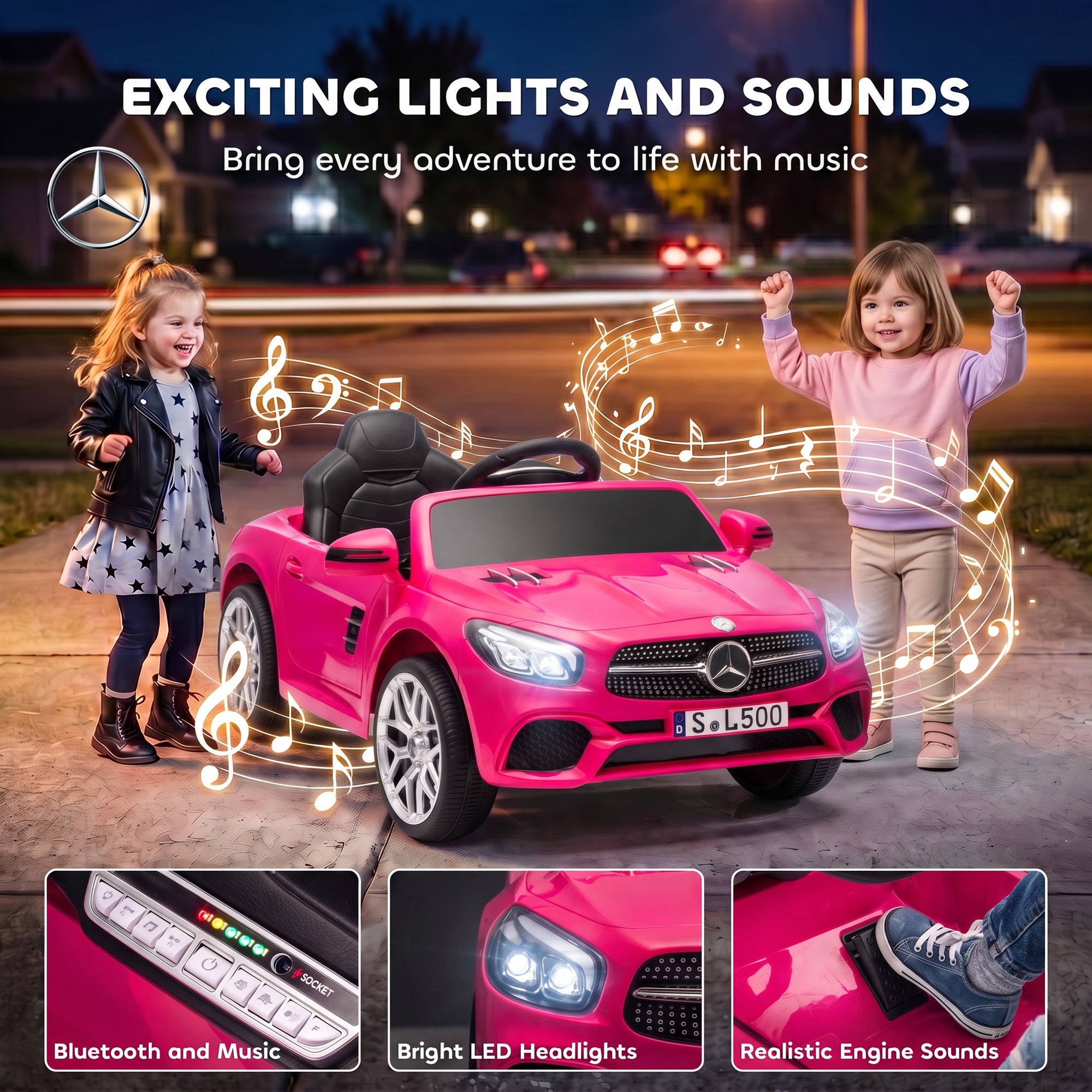 Kinder-Elektroauto 12V Mercedes-Benz SL500, 3-5 km/h, 2 Motoren, 2,4G Fernbedienung, für 3-5 Jahre, Pink