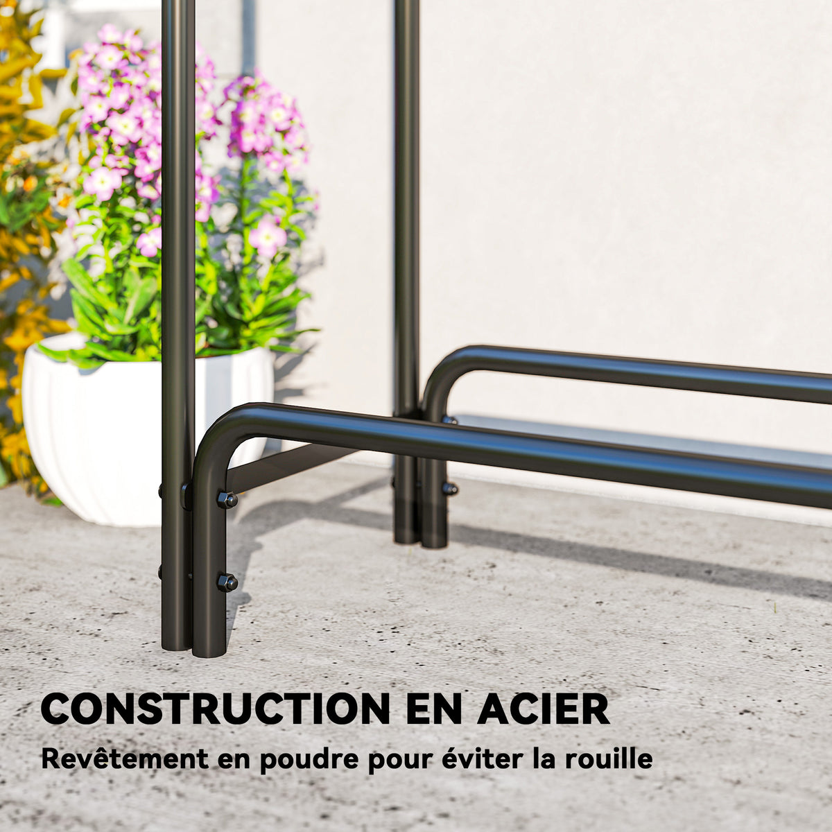 Range buches extérieur, abri buches, avec housse en PE, base surélevée, pour extérieur, 200 x 36 x 99 cm, métal, noir