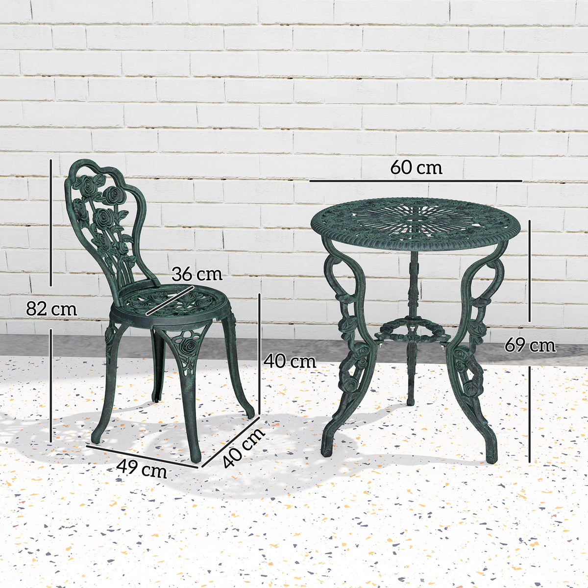 Ensemble Salon de Jardin 2 Places 2 chaises + Table Ronde Style néo-rétro Motif Rose Lignes fuselées Fonte