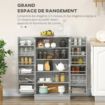 Armoire meuble de cuisine garde-manger 2 portes avec 5 étagères et 12 porte-épices - 60 x 30 x 104 cm - gris
