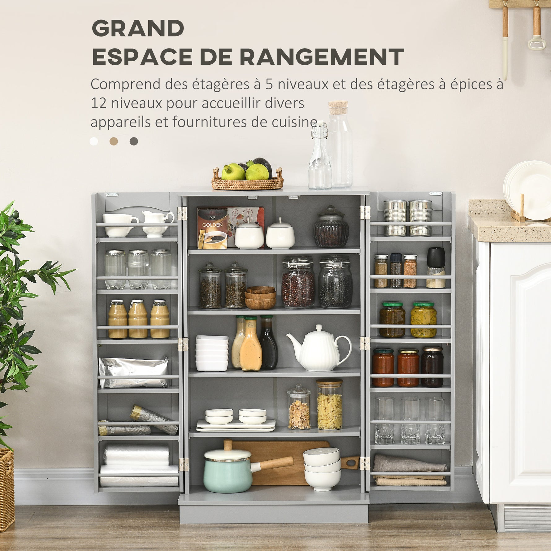 Armoire meuble de cuisine garde-manger 2 portes avec 5 étagères et 12 porte-épices - 60 x 30 x 104 cm - gris