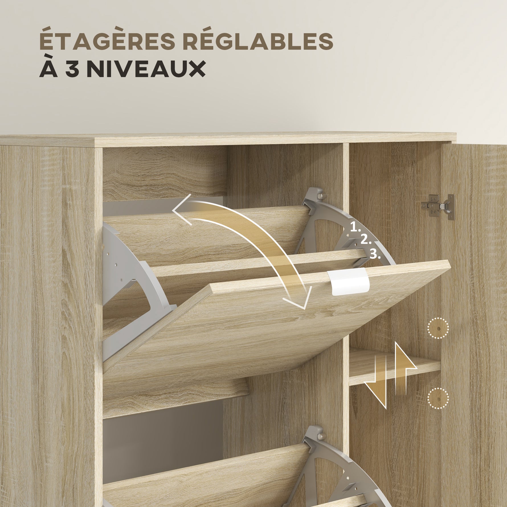 Meuble à chaussures avec 4 abattants, 2 placards et façades miroir pour 16 paires de chaussures, meuble d'entrée