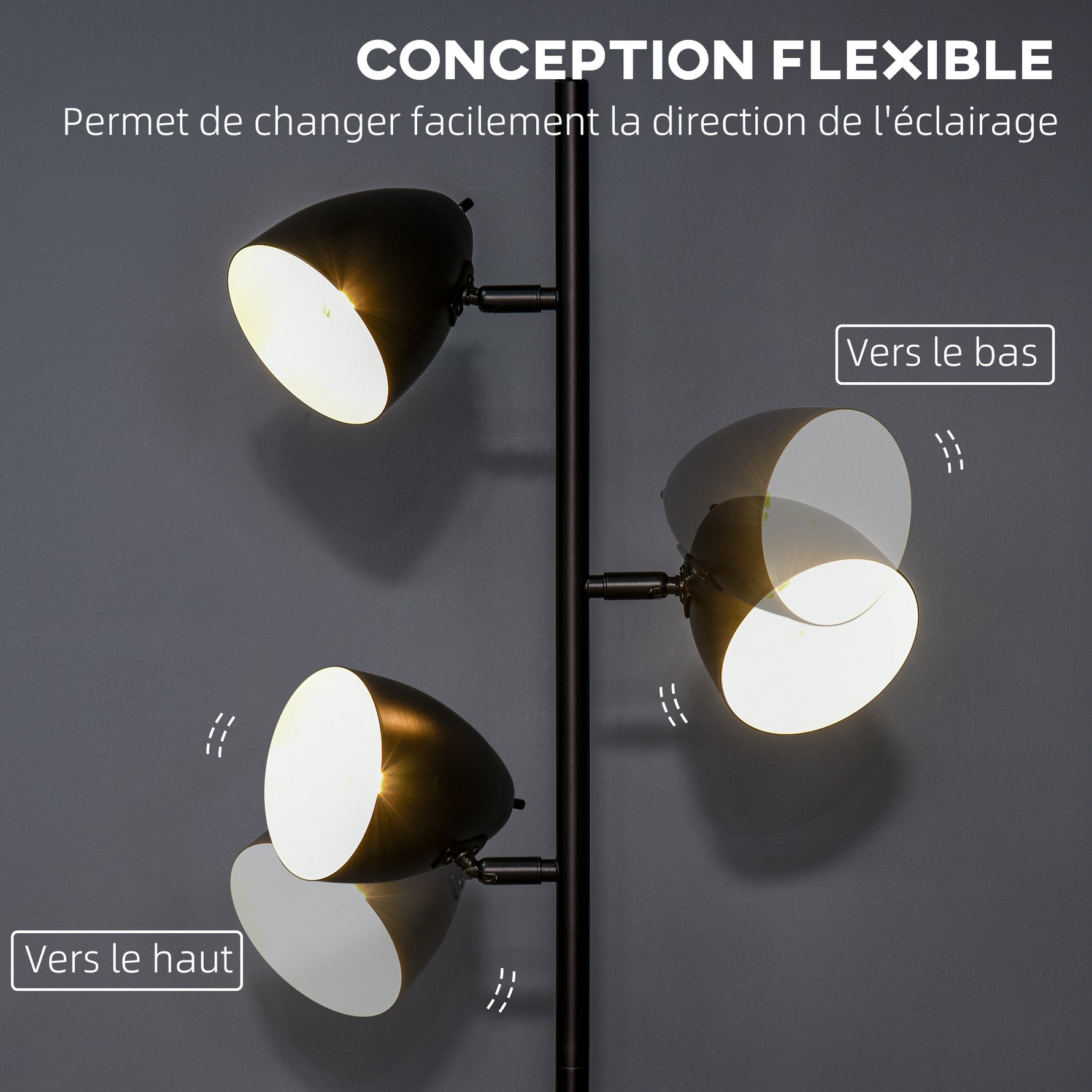 Lampadaire sur pied salon style industriel 3 abat-jours orientables en acier 38 x 28 x 169 cm noir