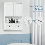 Armoire murale de salle de bain, armoire de toilette, avec portes, étagère, 2 tiroirs, 50,8l x 17,8P x 66H cm, blanc