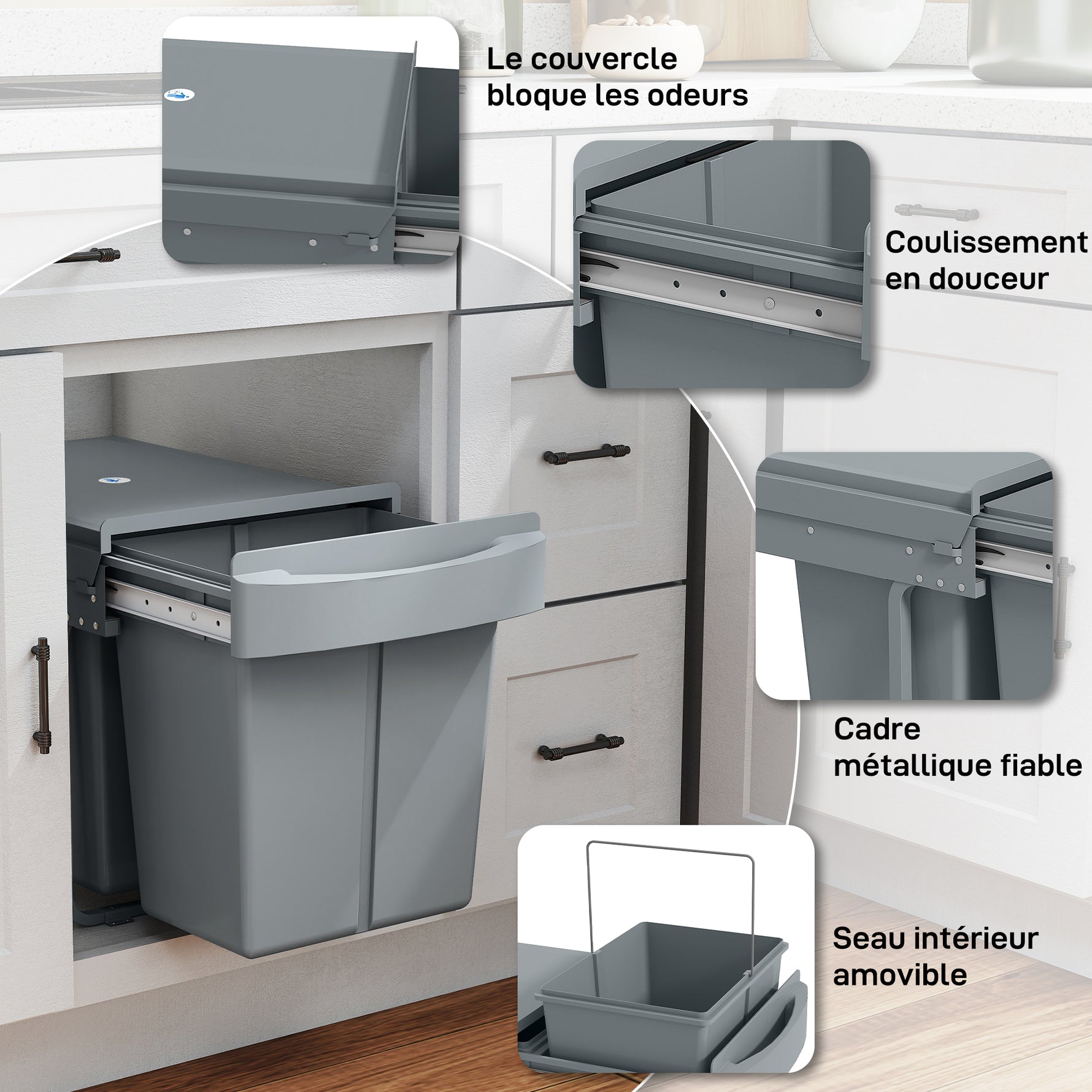 Poubelle cuisine, poubelle sous évier coulissante encastrable avec 2 x 20 L compartiments amovibles, 52x33,5x41cm, gris