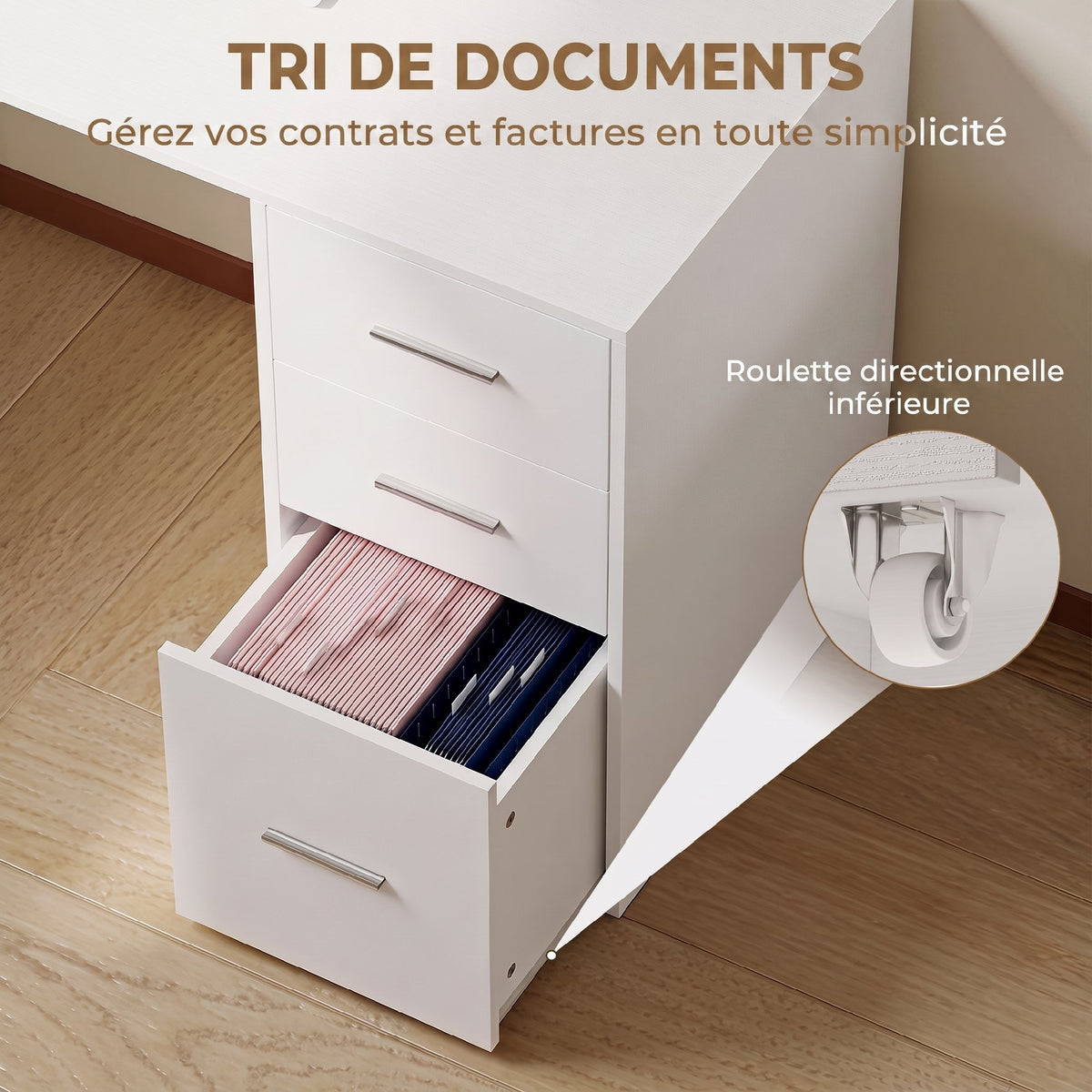 Bureau d'Angle, Bureau Informatique en L, 3 Tiroirs, 5 Compartiments Ouverts, Étagères Réglables, 140x100x75cm, Blanc