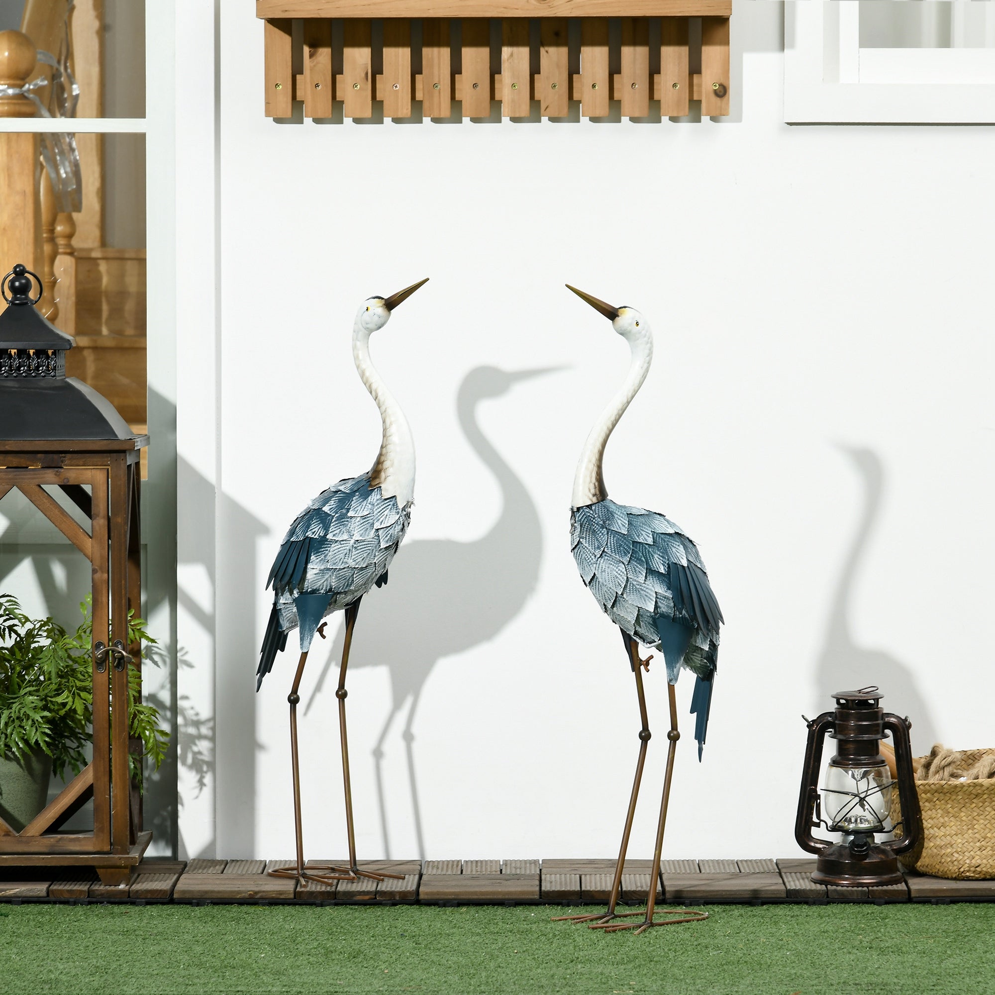 Lot de 2 statues de jardin sculpture de la grue décoration d'oiseau extérieure acier pour terrasse balcon cour pelouse