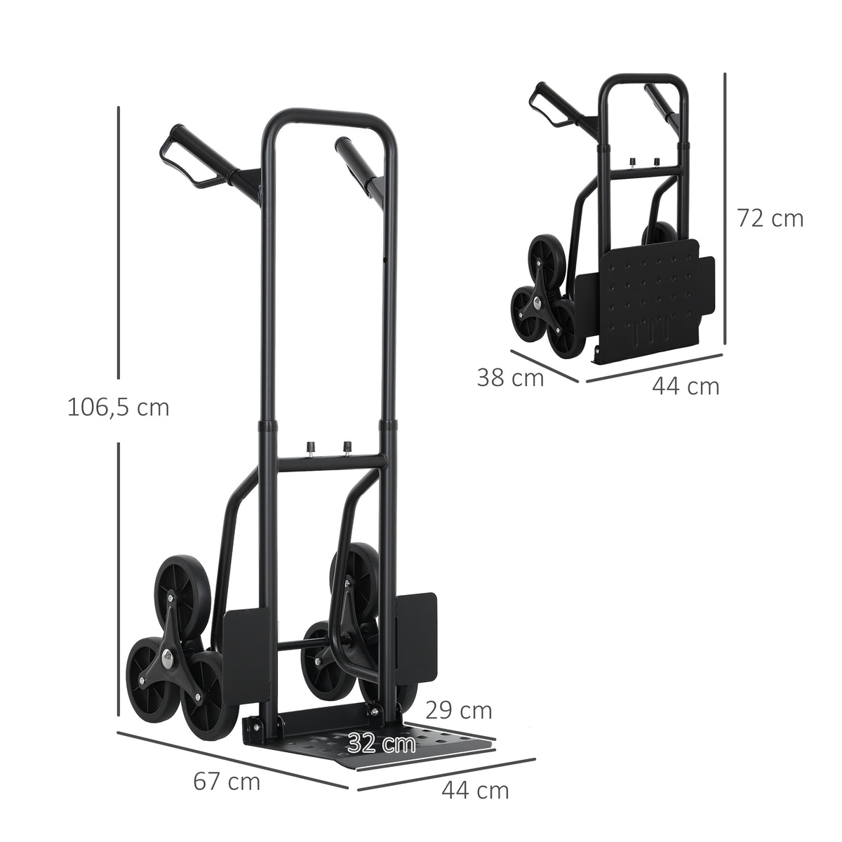 Klappbare Treppensackkarre 120 kg mit 6 Rädern, Stahl-Transportkarre mit Spanngurten, 44x67x106,5 cm, schwarz
