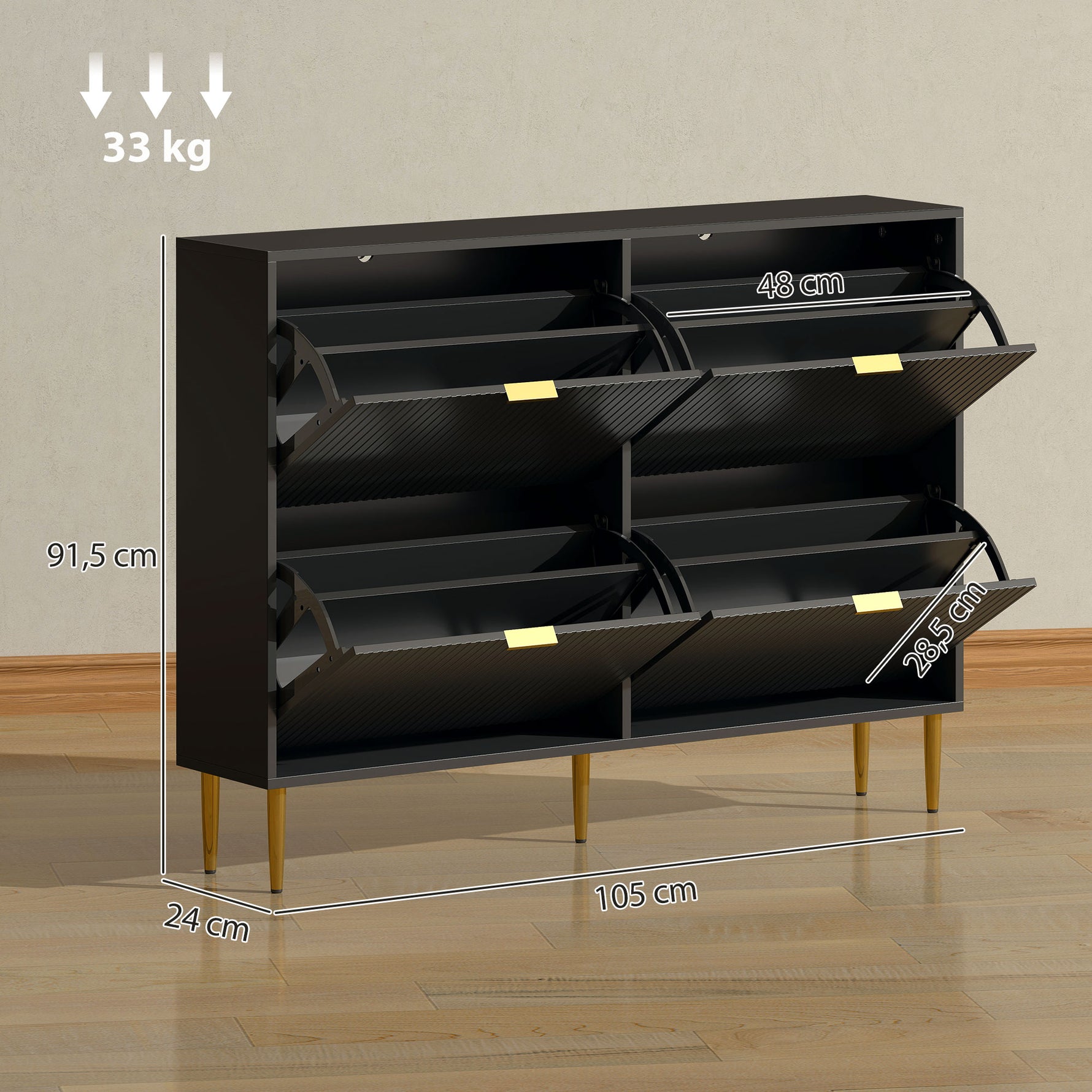 Meuble à chaussures 20 paires avec 4 tiroirs rabattables, portes cannelées et étagères réglables, 105x24x91,5cm, noir