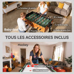 Table MultiJeux 5 en 1 Babyfoot Billard Air Hockey Ping-Pong et Basket Accessoires 134x108x144cm Marron Noyer