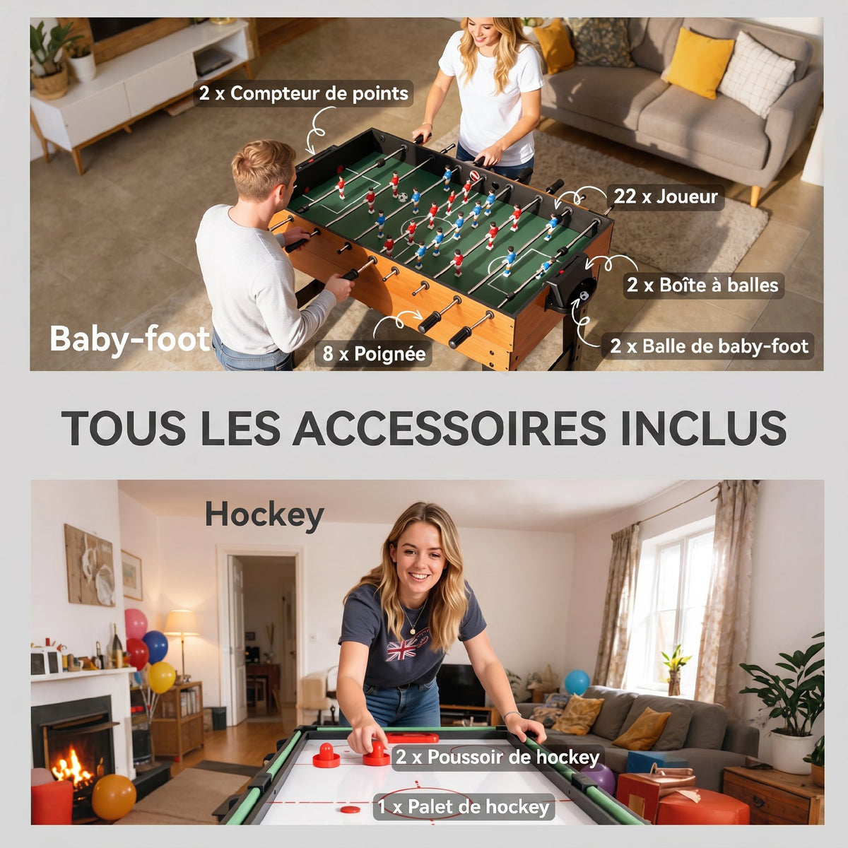 Table MultiJeux 5 en 1 Babyfoot Billard Air Hockey Ping-Pong et Basket Accessoires 134x108x144cm Marron Noyer