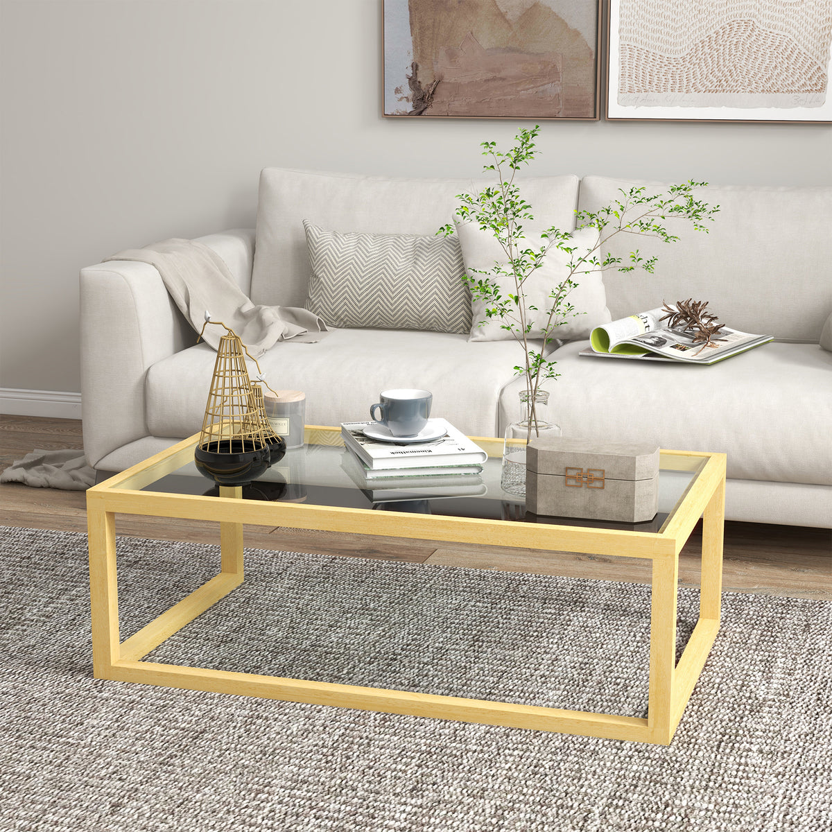 Table basse rectangulaire table de salon avec plateau en verre trempé cadre en bois d'hévéa dim. 100L x 60l x 35H cm
