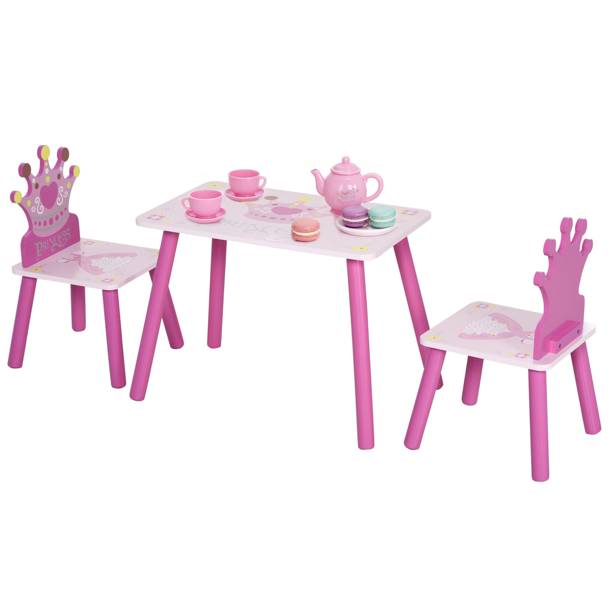 Ensemble table et 2 chaises enfant 3 pièces, pieds en bois massif, table avec chaise motif couronne, pour filles et garçons de 2 à 4 ans, rose