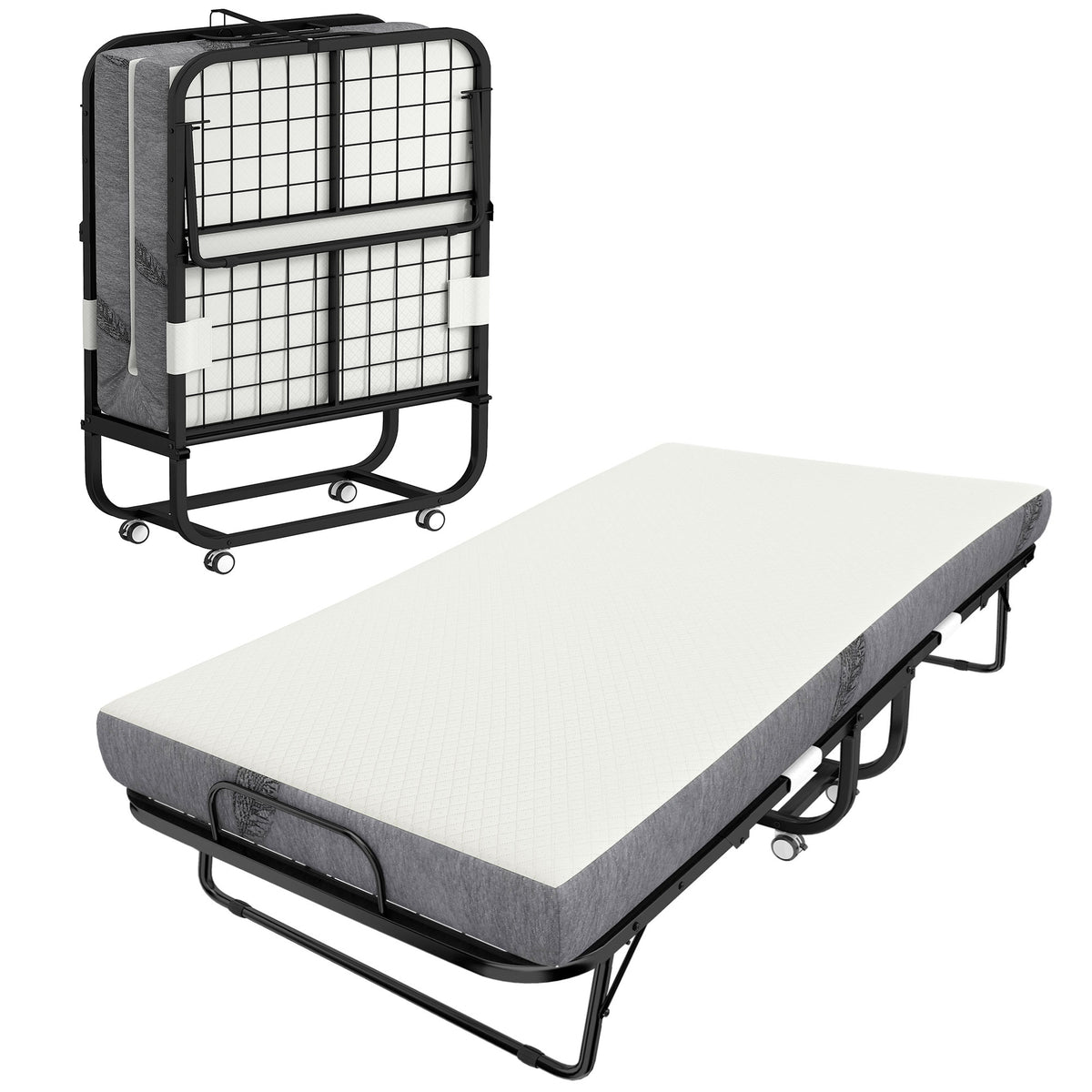 Lit pliant 1 personne 200 x 80 cm avec matelas, lit d'appoint pliable et portable sur roulettes, cadre en acier, blanc