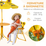 Ensemble Salon de Jardin Enfant 4 pcs Design Tigre - Table Ronde + 2 chaises Pliables + Parasol - métal époxy Oxford Jaune