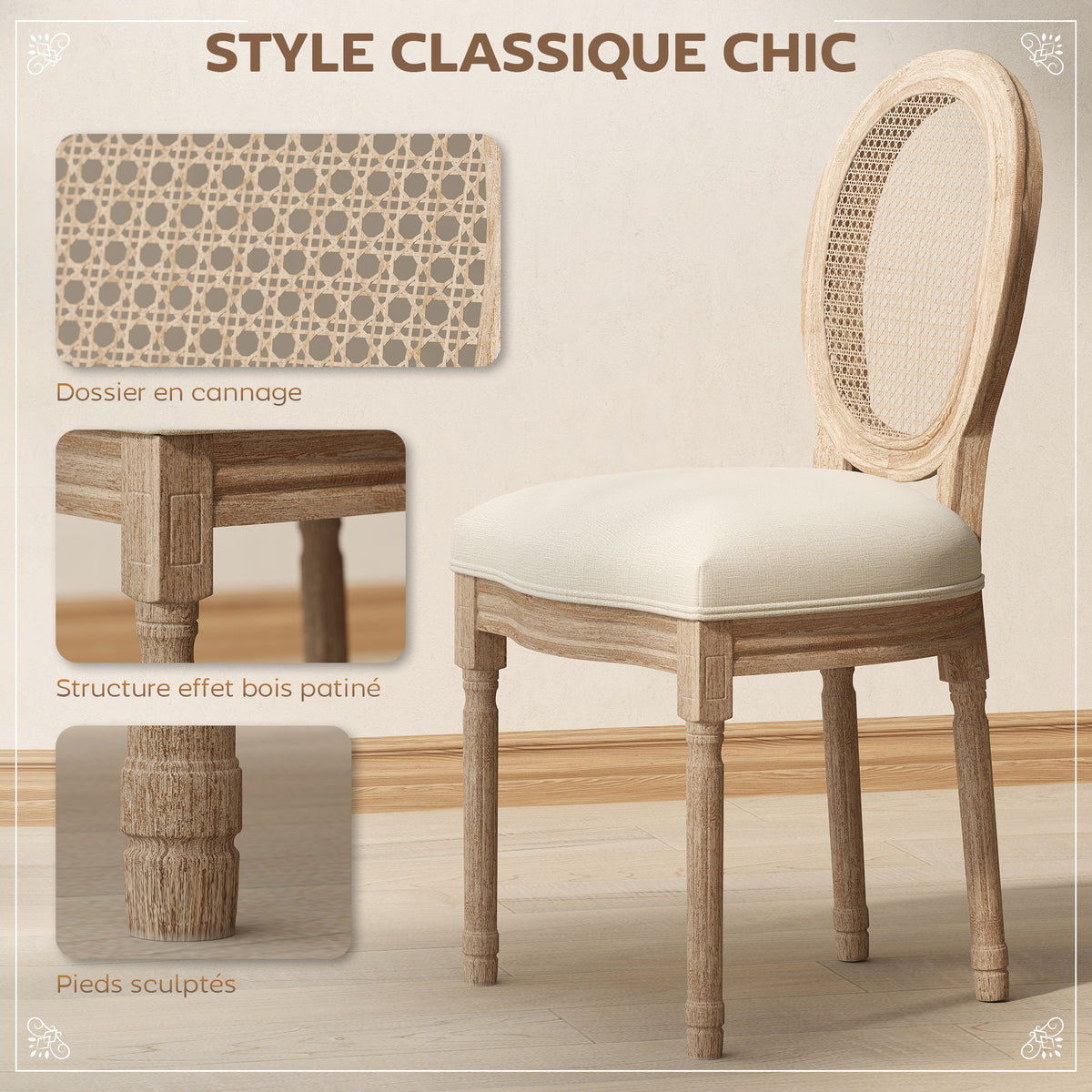 Set de 2 sillas de comedor - Silla de salón medallón estilo Luis XVI - Madera maciza tallada, patinada - Respaldo de rejilla - Aspecto lino crema