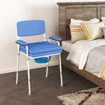 Silla de inodoro con orificio multifunción, cubo extraíble, altura regulable, con respaldo, asiento y reposabrazos acolchados azules