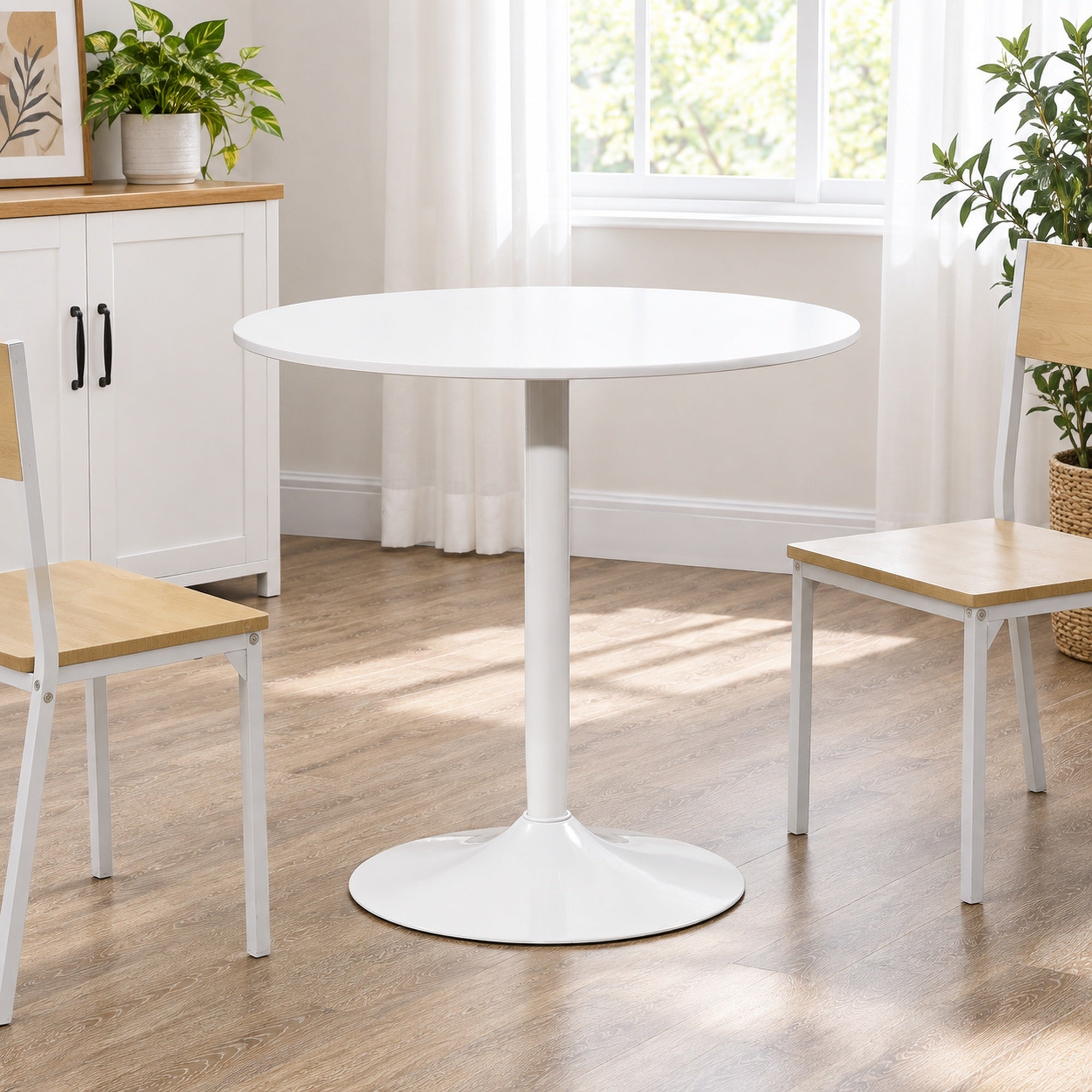 Tavolo da pranzo rotondo per 2 persone, tavolo da cucina in stile moderno con base in acciaio, Ø 80 x 75 cm, bianco