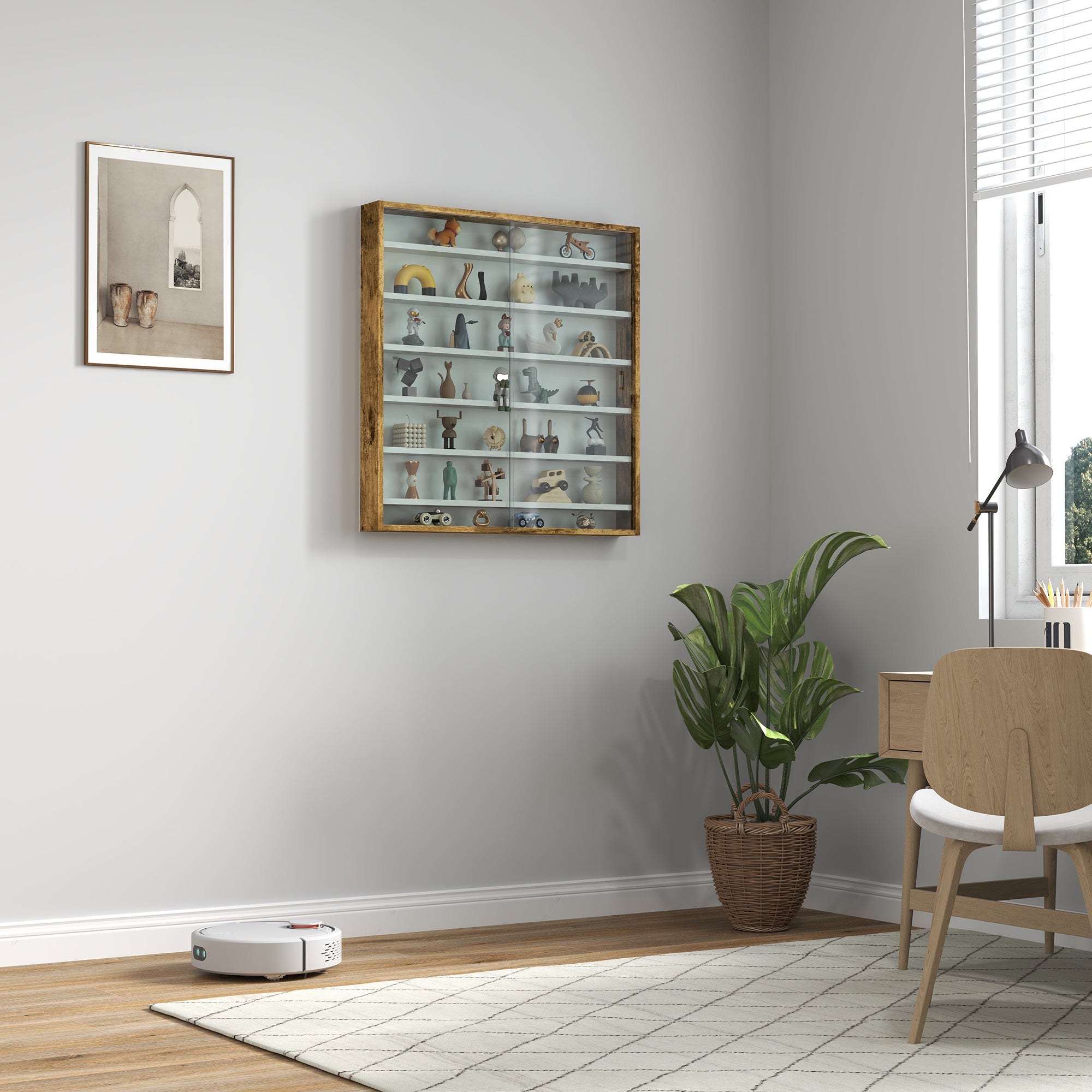 Display case for collection, wall-mounted display cabinet 80 x 9.5 x 83 cm, 6 height-adjustable shelves, 2 sliding glass doors