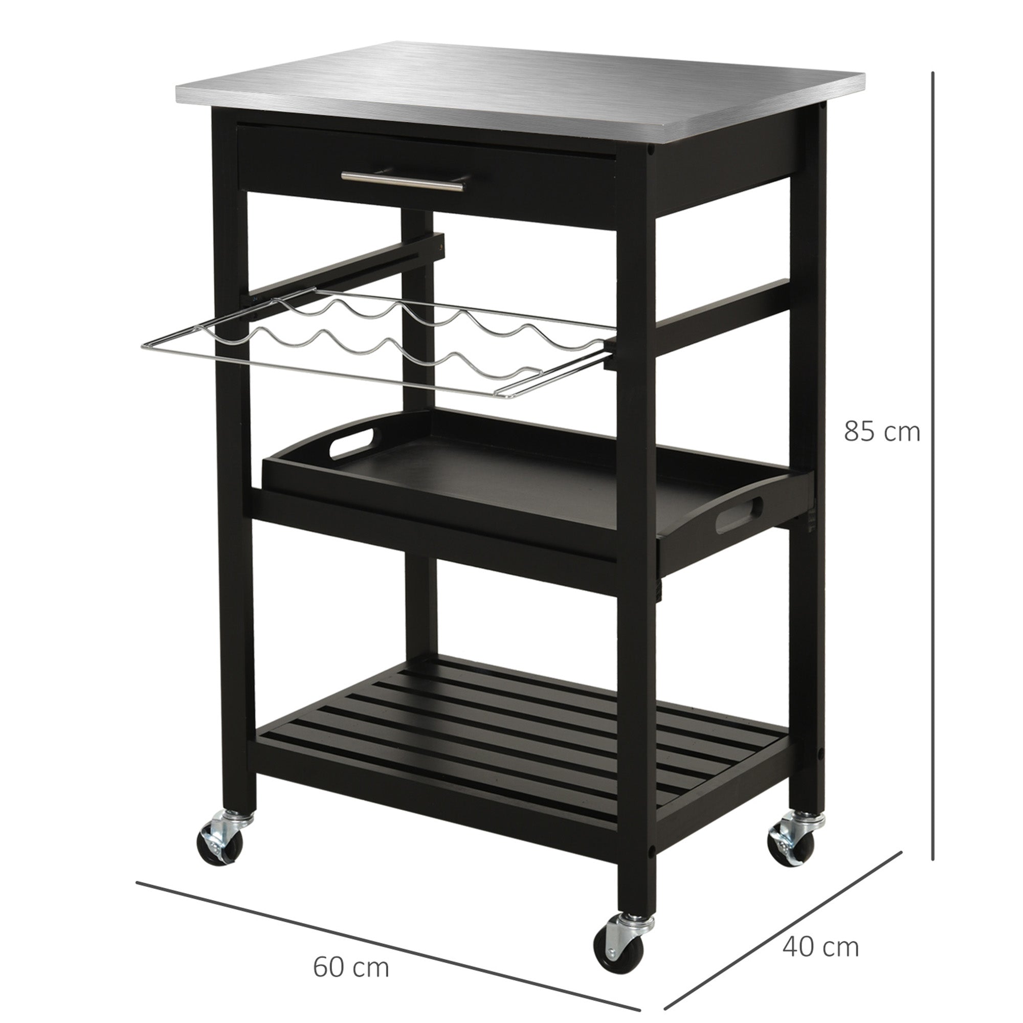 Chariot de Service desserte de Cuisine Table roulantes avec étagère rangement bouteille 60L x 40l x 85H cm Plateau en Acier INOX. Noir
