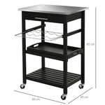 Chariot de Service desserte de Cuisine Table roulantes avec étagère rangement bouteille 60L x 40l x 85H cm Plateau en Acier INOX. Noir