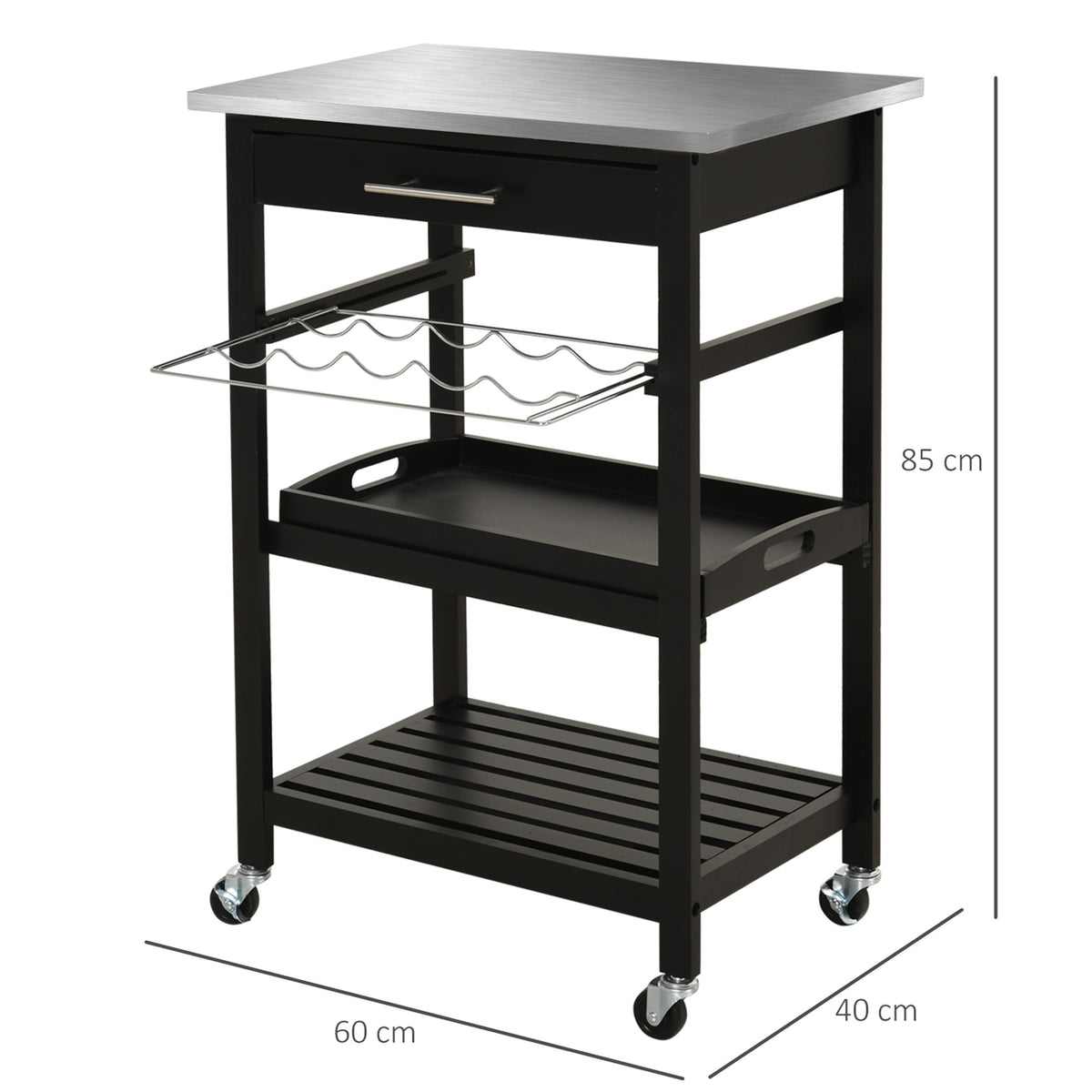 Chariot de Service desserte de Cuisine Table roulantes avec étagère rangement bouteille 60L x 40l x 85H cm Plateau en Acier INOX. Noir