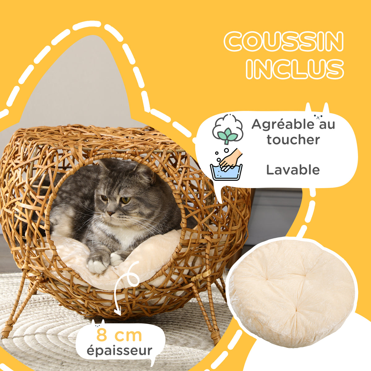 Niche pour chat lit pour chat panier chat maison de chat en rotin coussin épais Ø 40 x 32 cm marron clair