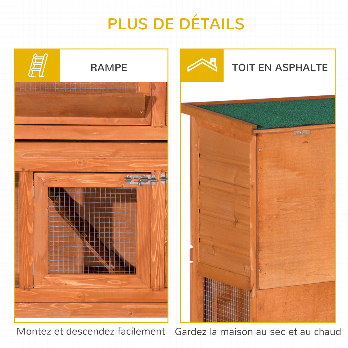 Cage à lapin poulailler clapier en bois de pin de grande taille avec 2 étages râtelier à foin toit ouvrant dim.120L x 48l x100H cm