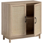 Buffet salon, meuble de rangement avec 2 portes en rotin, étagère réglable et bords arrondis, 76 x 35 x 75,5 cm, chêne