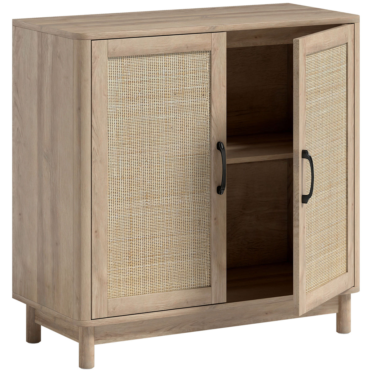 Buffet salon, meuble de rangement avec 2 portes en rotin, étagère réglable et bords arrondis, 76 x 35 x 75,5 cm, chêne
