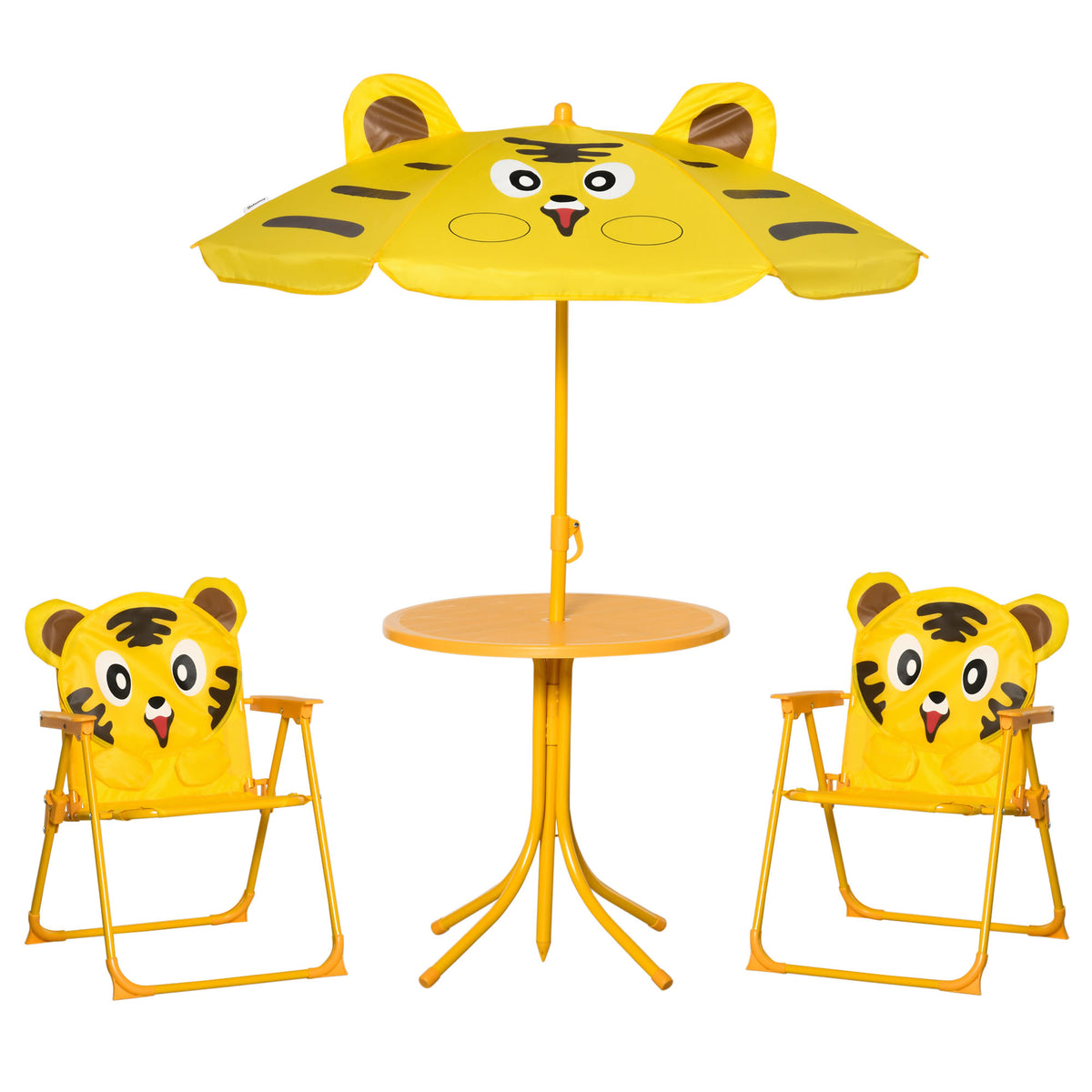 Ensemble Salon de Jardin Enfant 4 pcs Design Tigre - Table Ronde + 2 chaises Pliables + Parasol - métal époxy Oxford Jaune