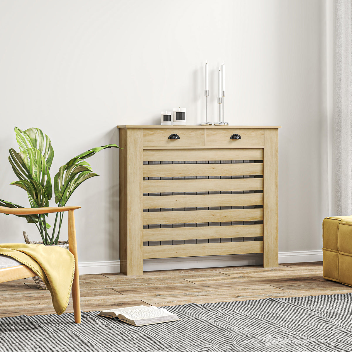 Heizkörperverkleidung mit horizontalen Lamellen und 2 Schubladen aus Holz 111L x 19T x 95,5H cm Eiche